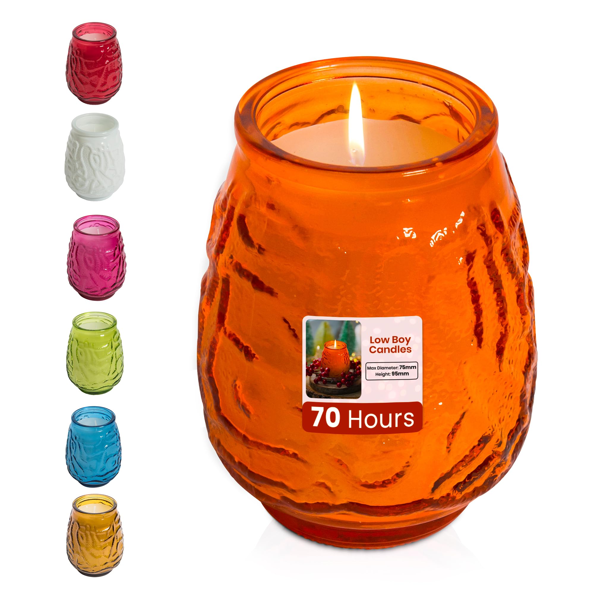 We Can Source It Ltd – 24 x Low Boy Glass Jar Candles with 70 Hour Burn Time – Orange Wax Jars for Home, Garden, Restaurant & Commercial Use – Lead-Free Cotton Wick
