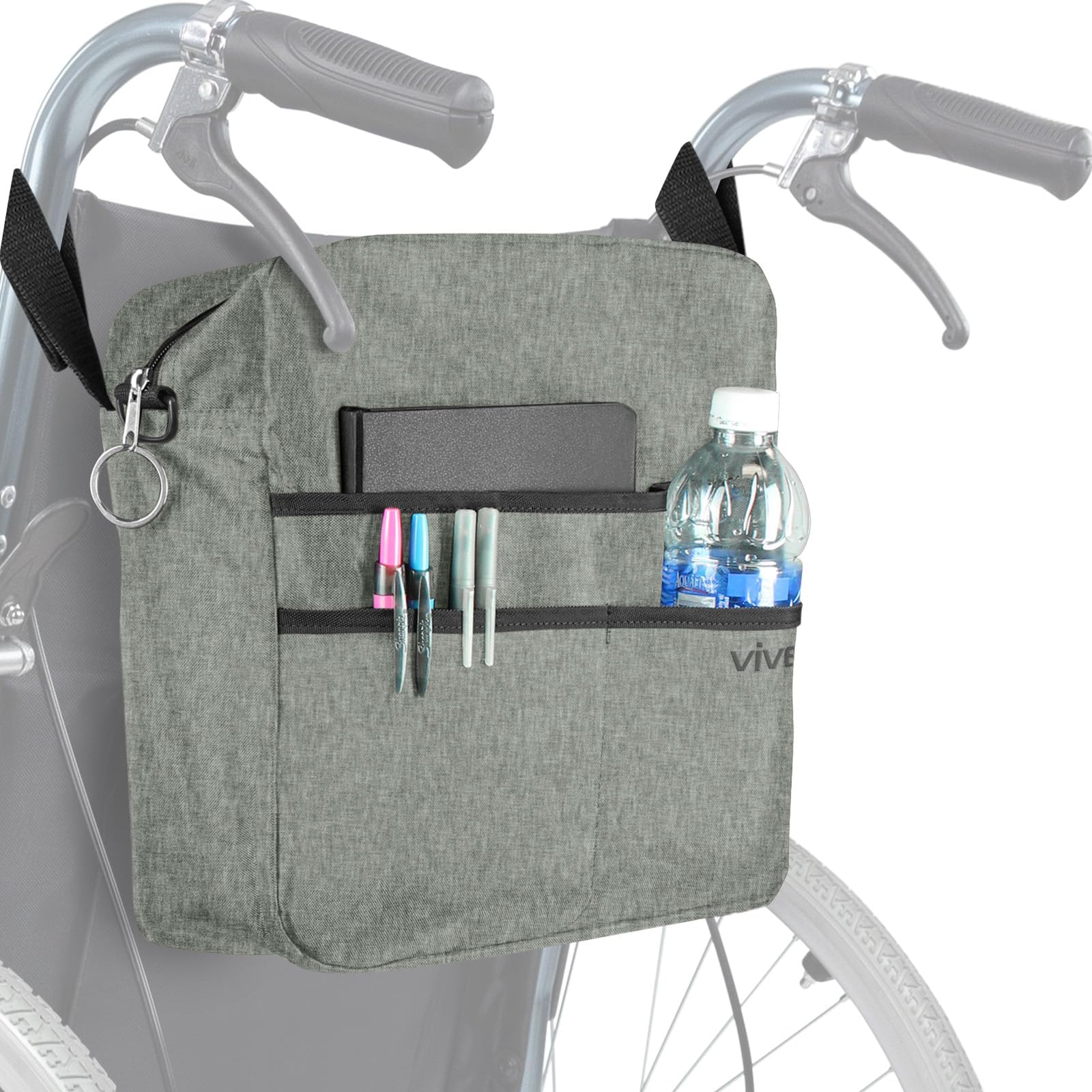 Vive Wheelchair Bag - Machine Washable, Double-Stitched, Water-Resistant Accessory Backpack for Rollators, Wheel Chairs, Walkers - Pouch with XL Pockets & Straps for Quick Installation