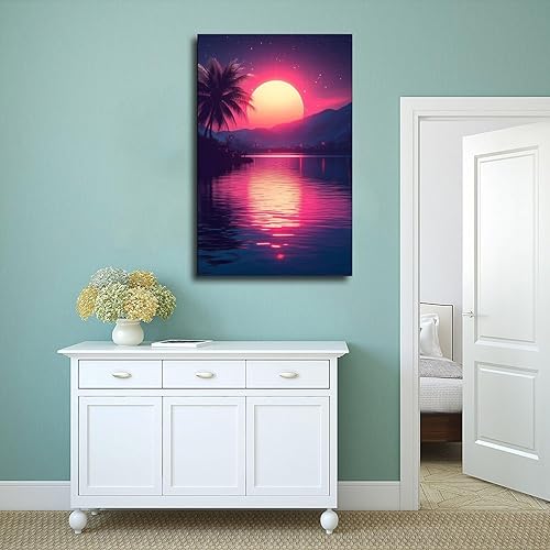 Miniatura 4 de ZMLIS Vaporwave Neon Retro City Print  Synthwave 80s Aesthetic Wall Decor  Futuristic Palm Trees Digital Poster Poster for Room Aesthetics Canvas