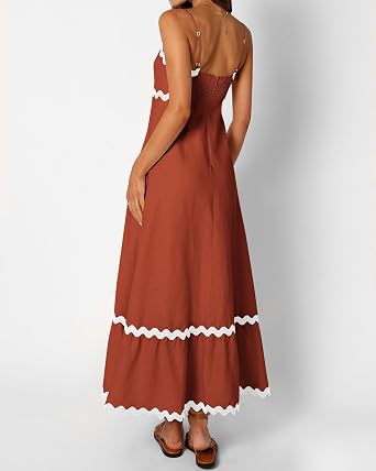 dowerme Women Summer Dresses 2026 Spaghetti Straps Sleeveless Smocked Rickrack Trim Boho Flowy Loose A-Line Midi Dress