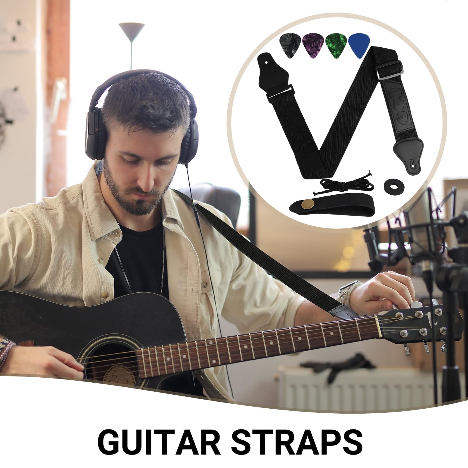 Regulowany bawełniany pasek do gitary z 3 kostkami, 1 gumowym zapięciem, adapterem łopatki z klamrą, do gitar akustycznych, elektrycznych i basowych akcesoriów gitarowych, Żelazo, M