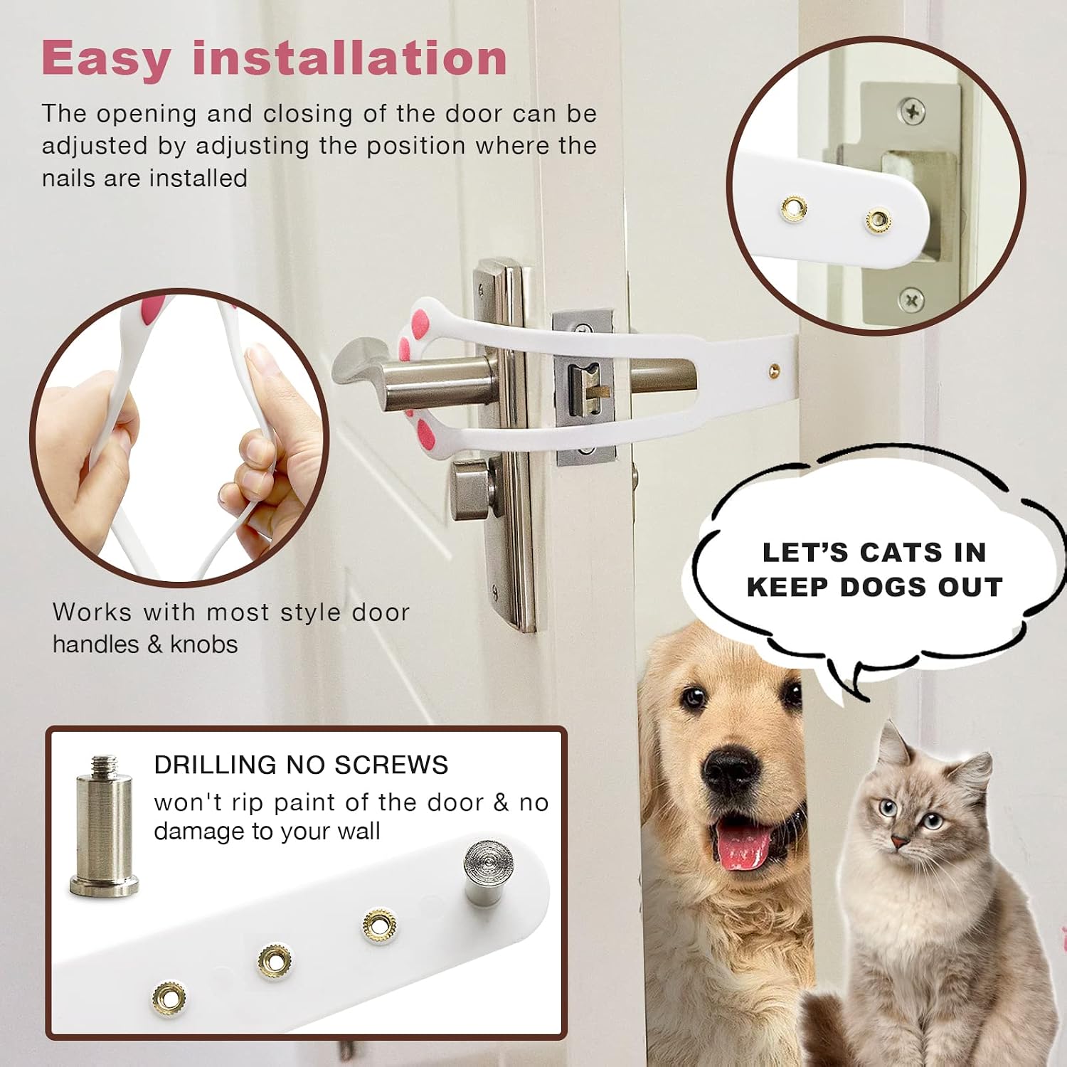 WECATION Adjustable Cat Door Holder Latch, Stronger Flex Door Stopper Alternative Installs Fast Flex Latch Strap, 4 Function Holes, One Piece No Measuring Extra Easy