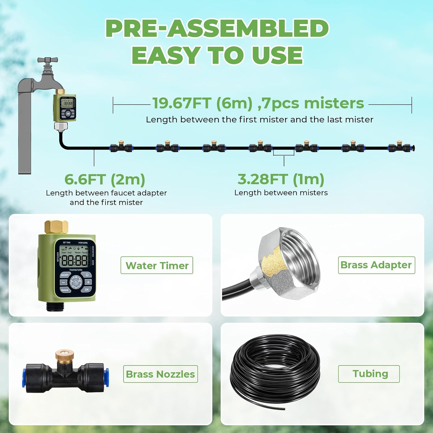 HOMENOTE Misting Cooling System with Timer, 26FT Misting Hose+7 Brass Nozzles+3/4" Brass Adapter+Water Timer with Mist Mode & Irrigation Mode, Outdoor Misters for Patio Cooling and Garden Watering