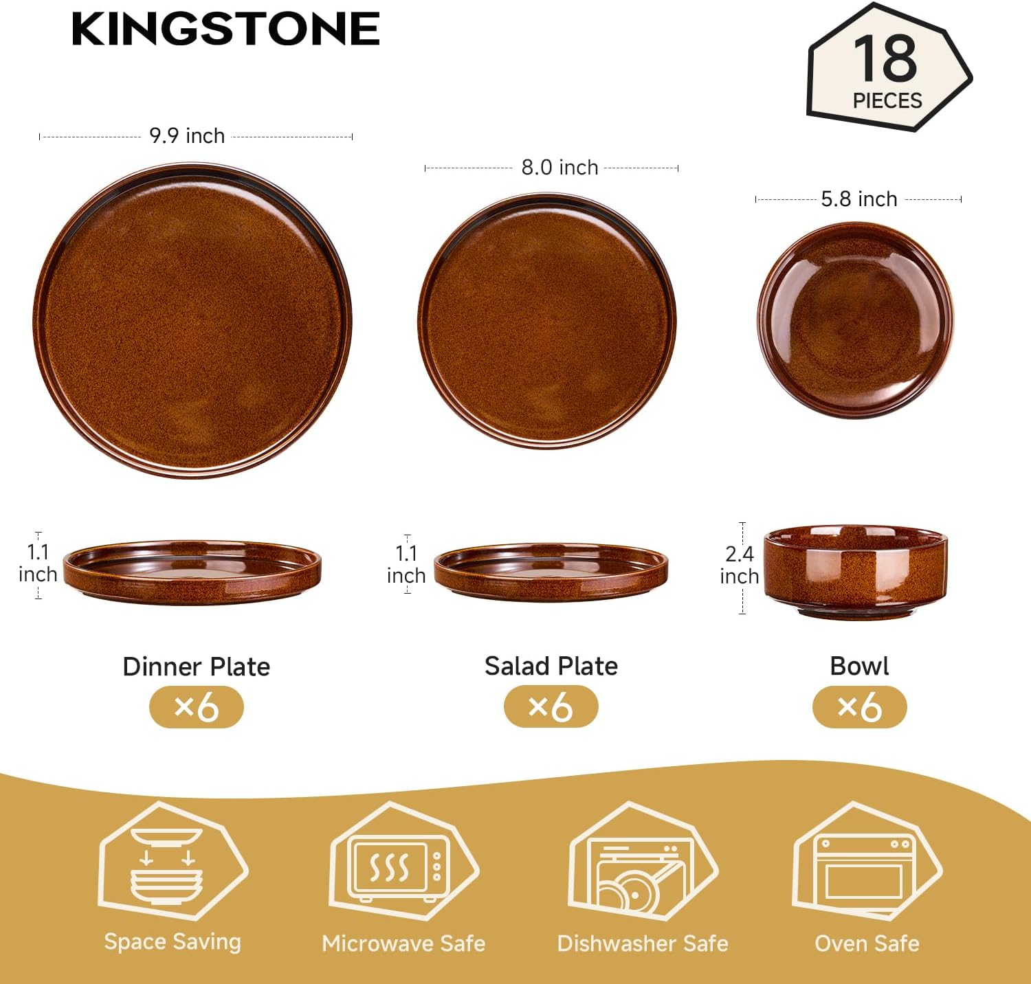 KINGSTONE Porcelain Dinnerware Sets for 6 Reactive Glaze Plates and Bowls Sets 18 Piece Scratch Resistant Brown Dish Set for Daily Wedding Party Oven & Microwave & Dishwasher Safe