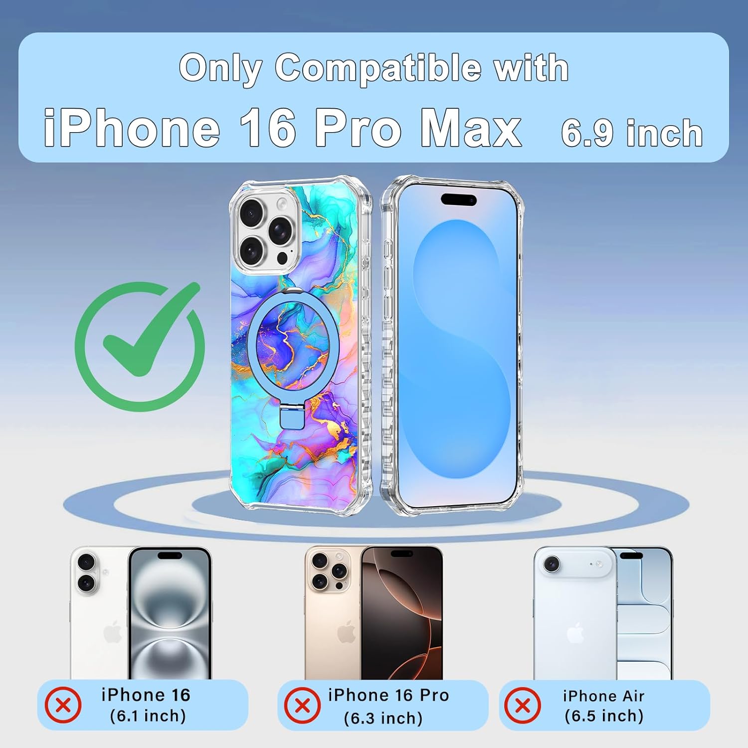 for iPhone 16 Pro Max Case,[Compatible with MagSafe] [Invisible Magnetic Ring Stand],Slim Matte Wavy Frame Women Girls Case for Apple iPhone 16 Pro Max 6.9" (2024),All Blue Marble
