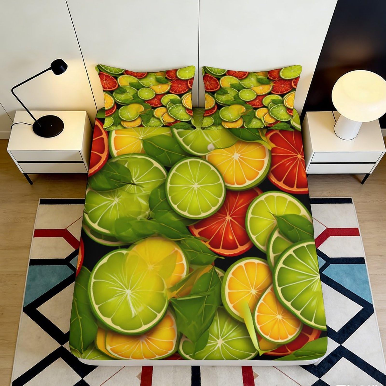 3D Printed Citrus Fruits Fitted Sheet Microfiber Soft Breathable Lime Orange Bed Cover for Bedroom Dormitory Guest Room Mattress Protection Decor 120x200x25cm