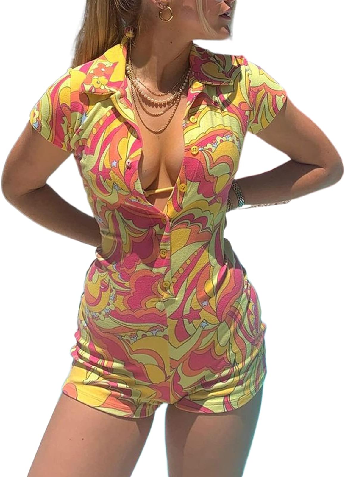 KMBANGIShort Sleeve Jumpsuit for Women Bodycon Sexy V Neck Buttons Rompers Shorts Knitted One Piece Playsuit Overall