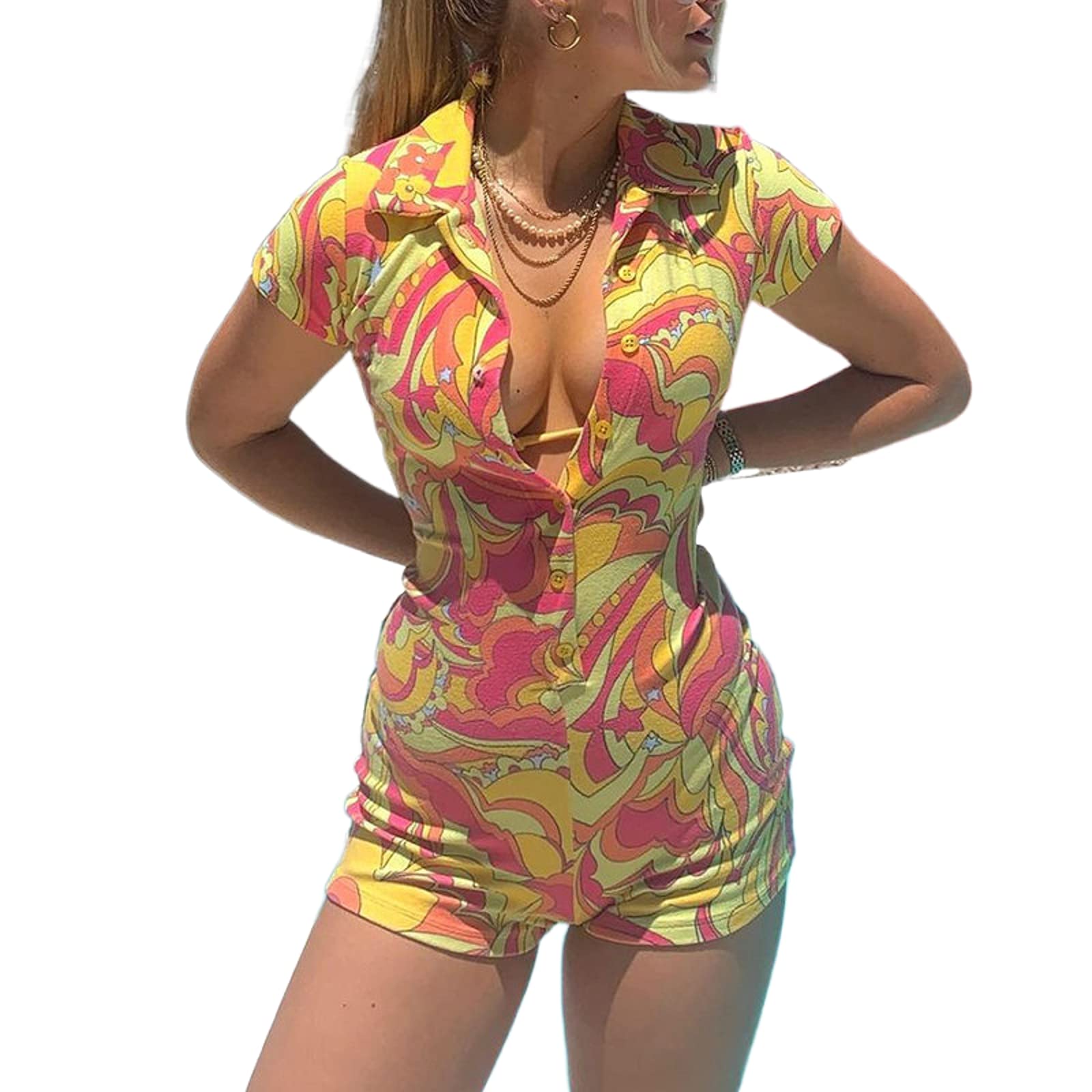 KMBANGIShort Sleeve Jumpsuit for Women Bodycon Sexy V Neck Buttons Rompers Shorts Knitted One Piece Playsuit Overall