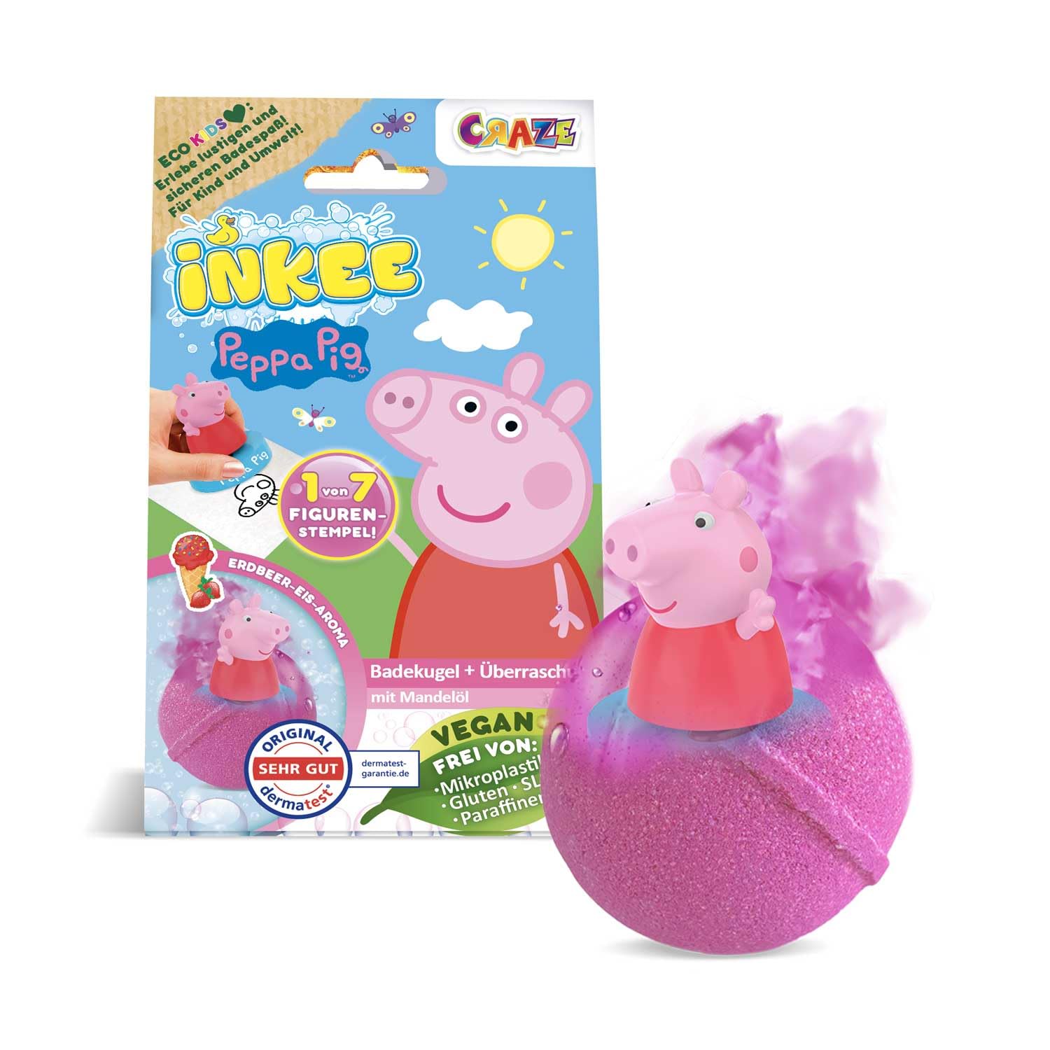 INKEE Surprise Bath Bombs Peppa Pig - Bath Bomb for Kids with Hidden Toy, 1 Out of 7 Stamp Figurines to Collect, Colour Changing Bubble Bath with Almond Oild & Strawberry Scent, 80g