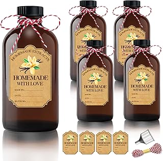 4Pcs 16 oz Amber Glass Bottle Brown Round Bottles with Caps, for Vanilla Extract Homemade, with Stickers and Funnel, for Syrup Gift Glass Food Storage Canister Set, Sauce Beans, Essential Oil