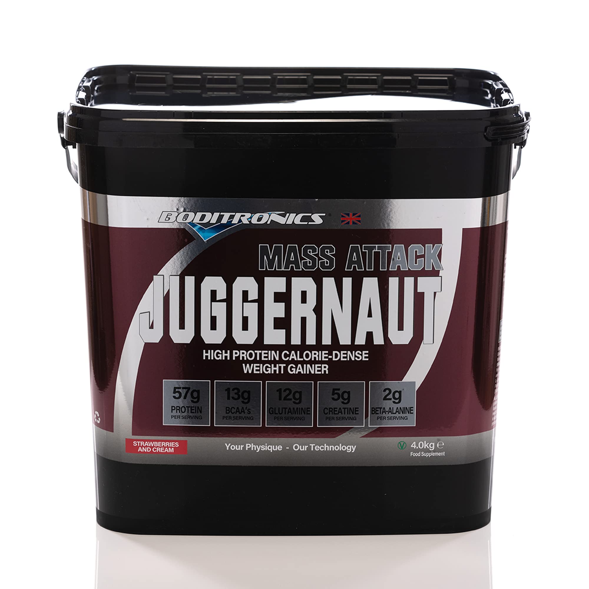 – Boditronics Mass Attack Juggernaut Powder for Weight Gainer Powder, All in One Muscle Mass Gainer, High Protein Powder for Men & Women, 5g Creatine, BCAA, Glutamine & Beta Alanine (Strawberries&Cream)