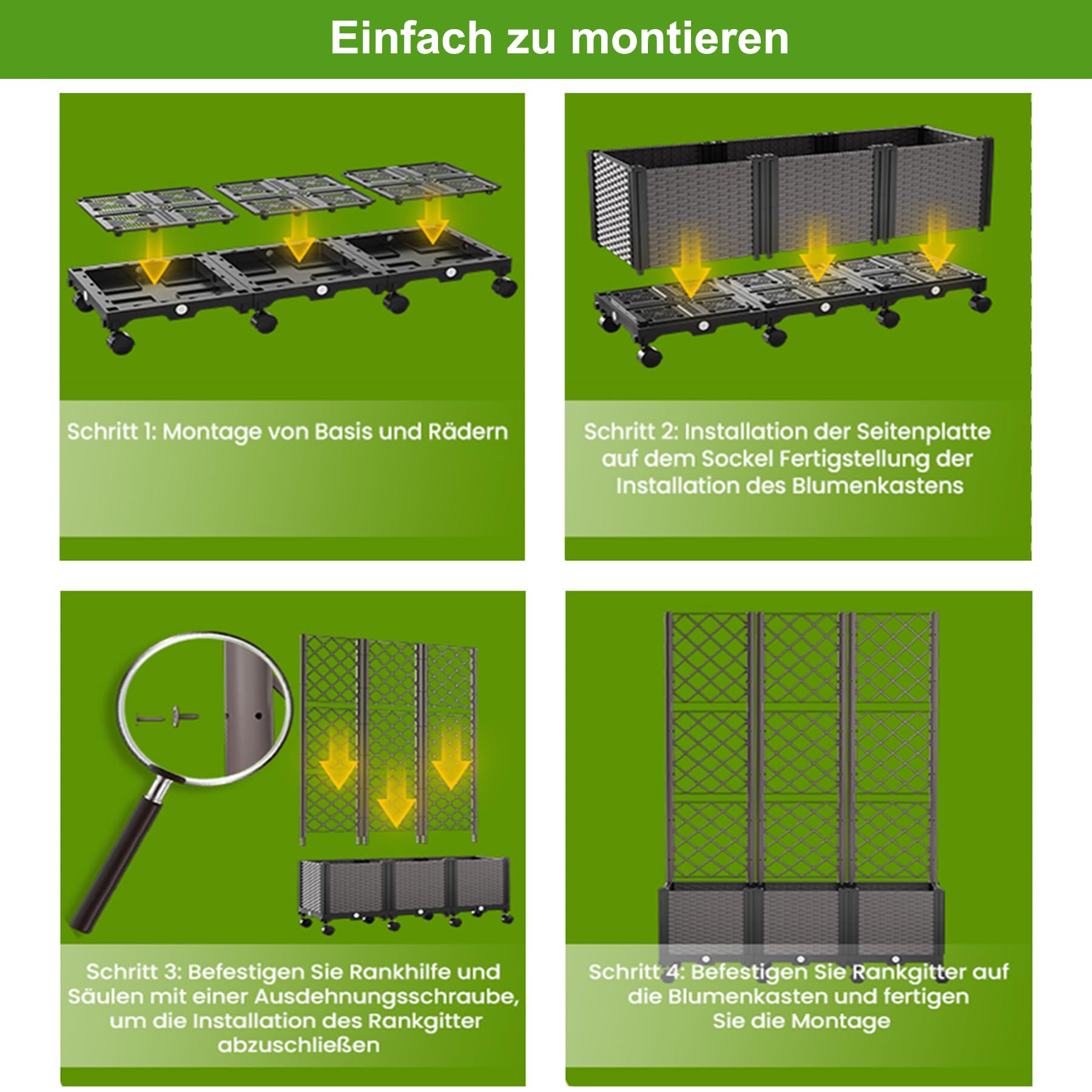 Jardinera elevada con Celosía y Autoriego, Cama de Jardín con 3 Maceteros y 8 Ruedas, Enrejado Soporte para Plantas Trepadoras, Verduras, Flores y Pantalla de Privacidad