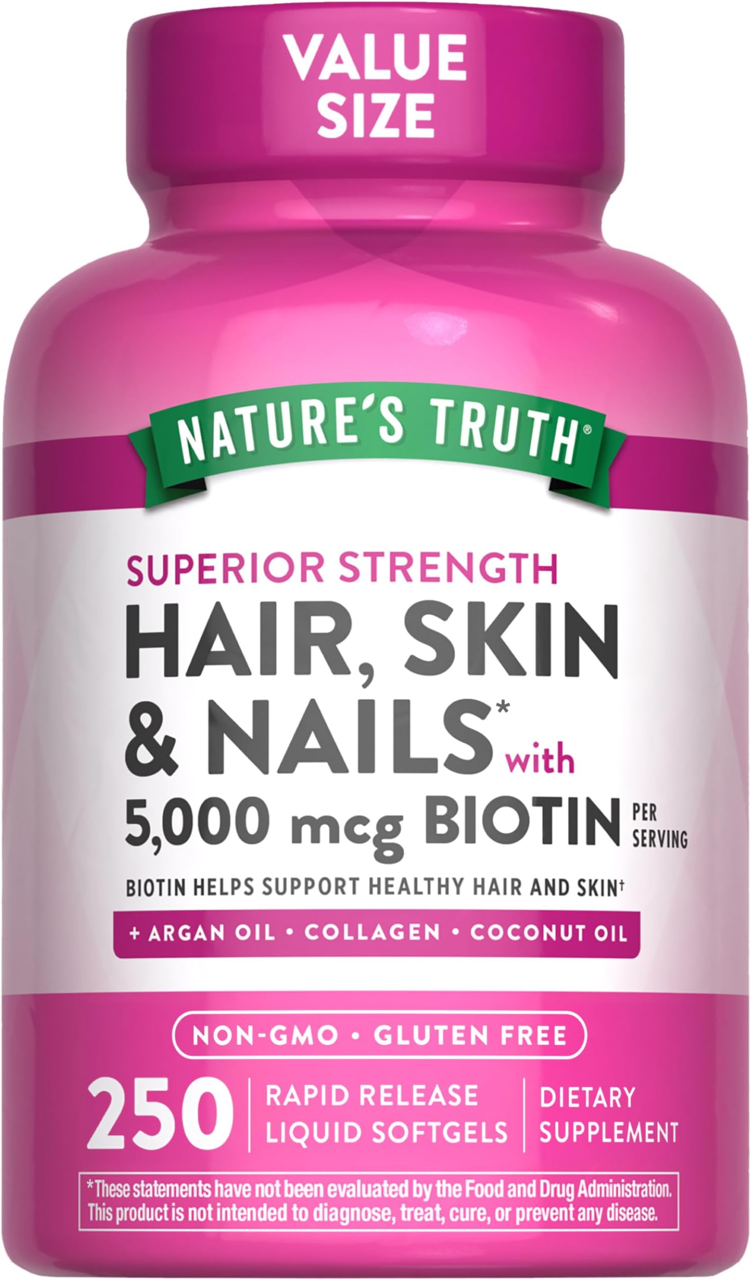 Nature's TruthHair, Skin & Nails Vitamins with Biotin | 5000mcg | 250 Softgels | Includes Collagen and Coconut Oil | Non-GMO & Gluten Free Daily Supplement for Women and Men