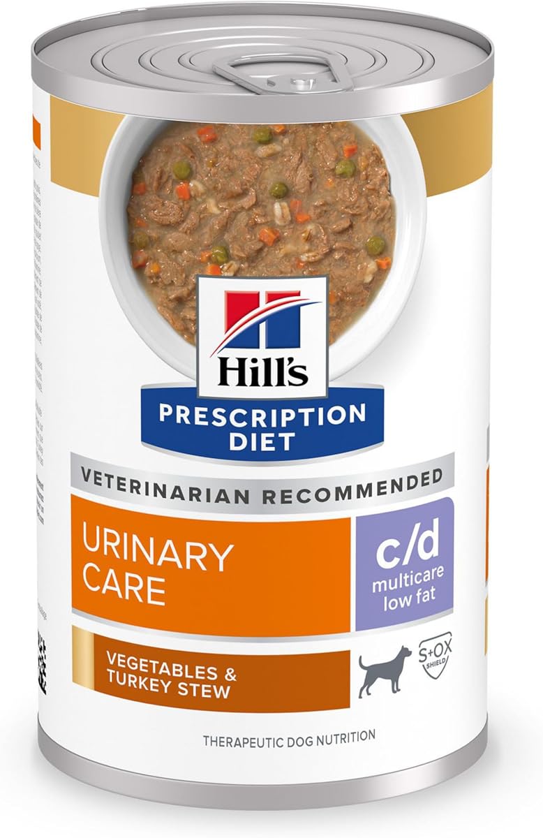 Hill's Prescription Diet c/d Multicare Alimento húmedo para perros bajo en grasas para el cuidado urinario | #1 recomendado por veterinarios, estofado de verduras y pavo, 12,5 oz. Latas, paquete de 12