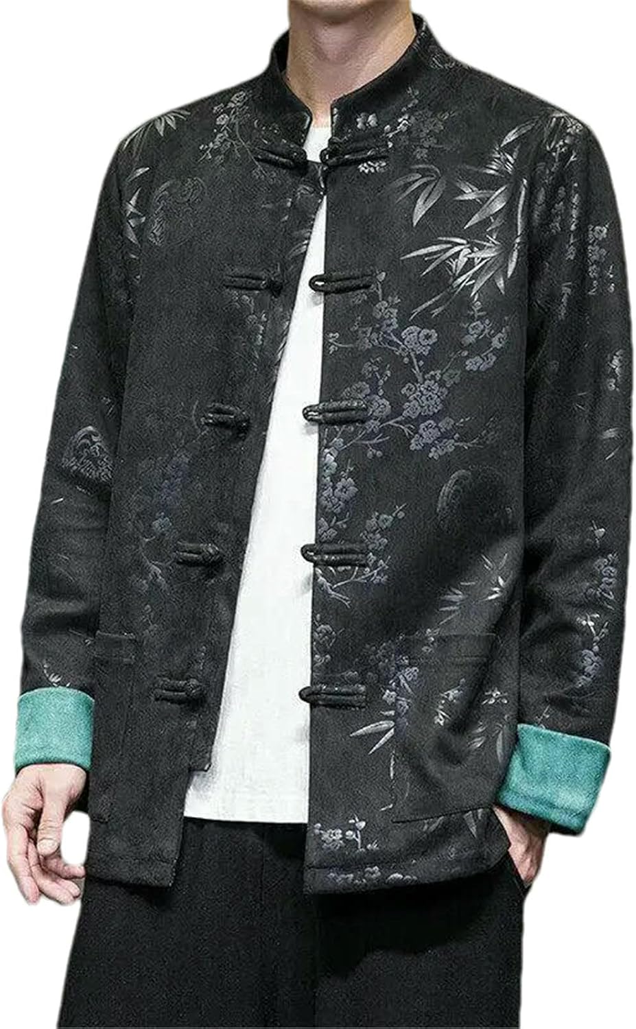 JXQXHCFS Men’s Chinese Style Tang Suit Shirt Stand Collar Frog Button Hanfu Floral Print Traditional Kung Fu Streetwear Coat