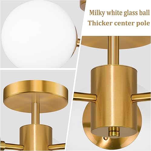 Miniatura 6 de Lámparas de techo semiempotradas de latón de mediados de siglo de 19 pulgadas, 3 luces de cristal esmerilado, lámpara de techo moderna para