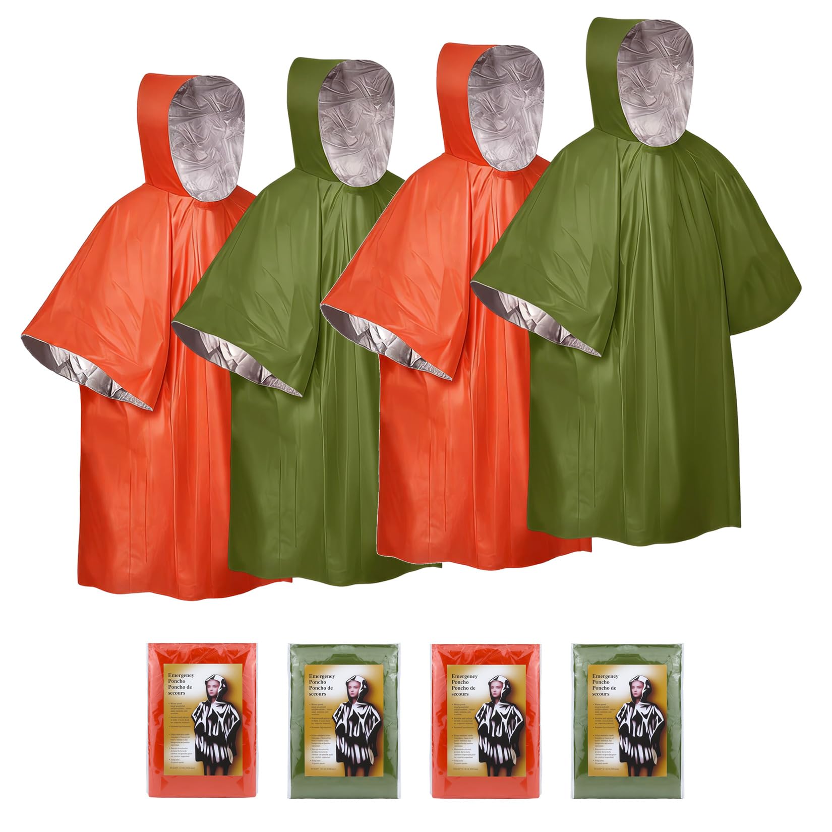 BaBahuanhuan Emergency Survival Poncho (4pc) Thermal Mylar Foil Coating Blanket for Heat Retention and Rain | Reversible with Hood | Waterproof, Windproof, Portable, Hands-free (Orange, Green)