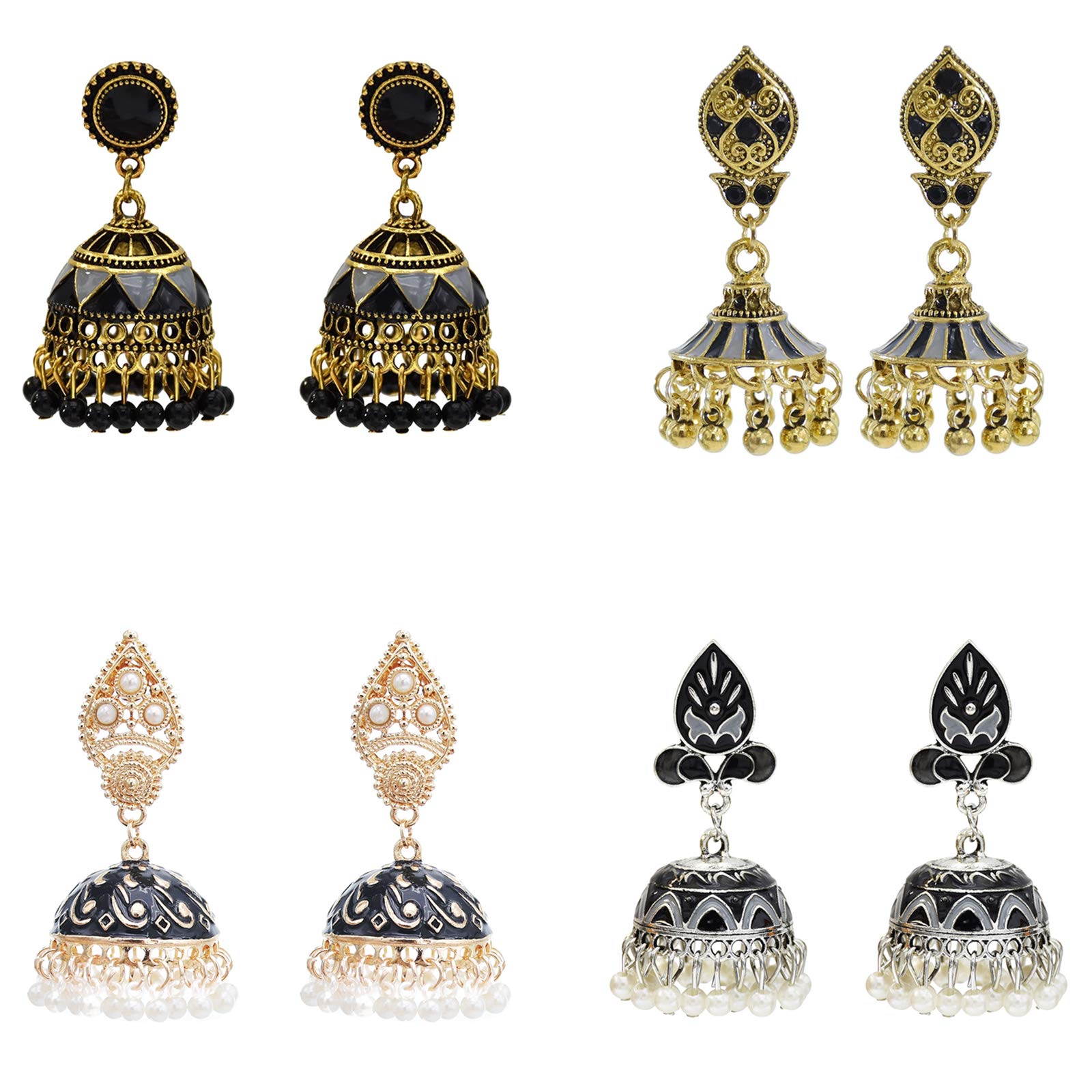 NSLSGypsy Indian Bell Dangle Earrings Set - Retro 4pair/set Round Bell Tassel Hollow Jhumka Earrings for Women
