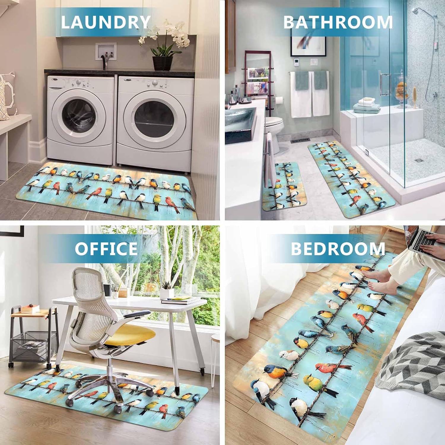 Prime Leader Abstract Birds Kitchen Mat Set 2 Pieces Singing Birds Birds Standing on Wire Non Slip Kitchen Rugs Washable Runner Rug Mats for Sink Laundry Office (15.7" x 23.6"+15.7" x 47.2")