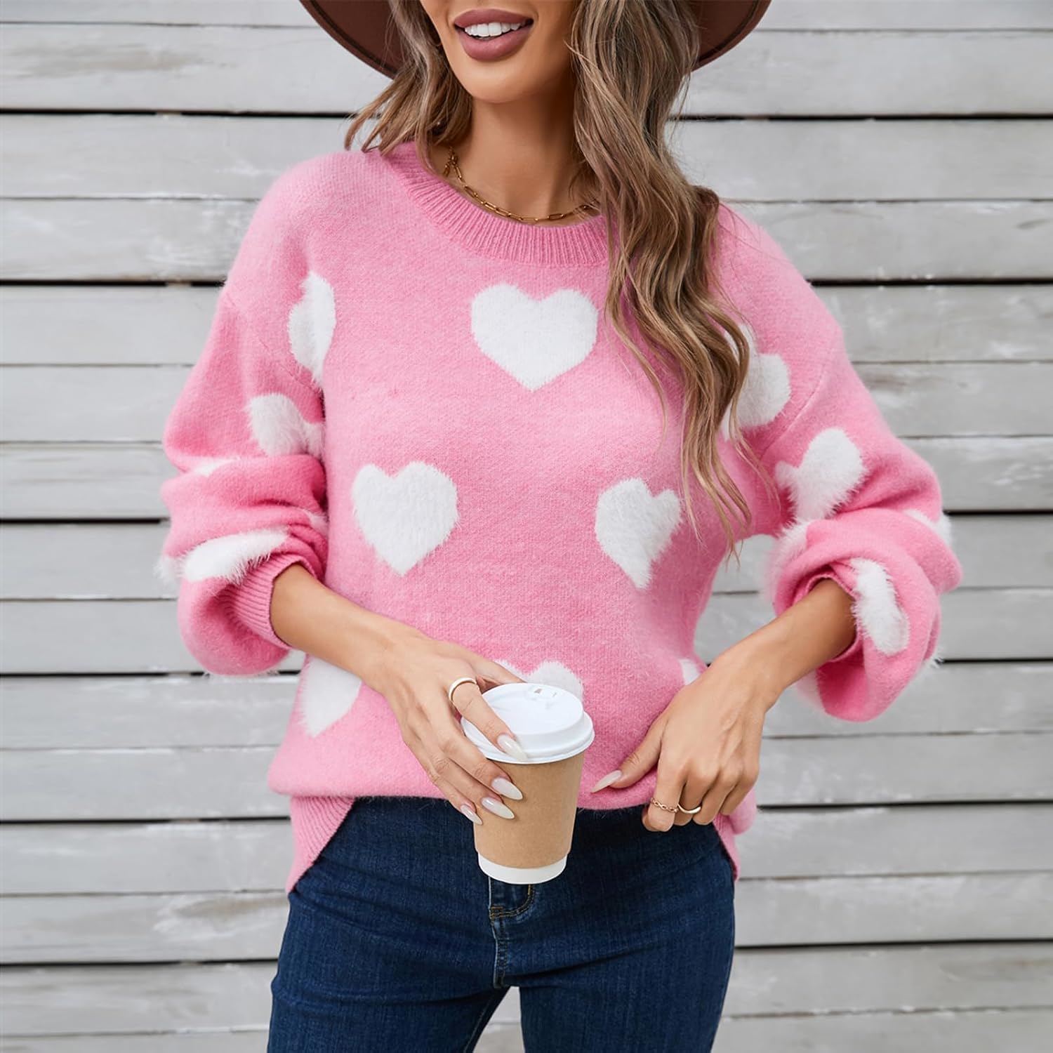 Heart Sweater for Women Valentine's Day Cute Print Oversized Long Sleeve Sweaters Knitted Pullover Tops