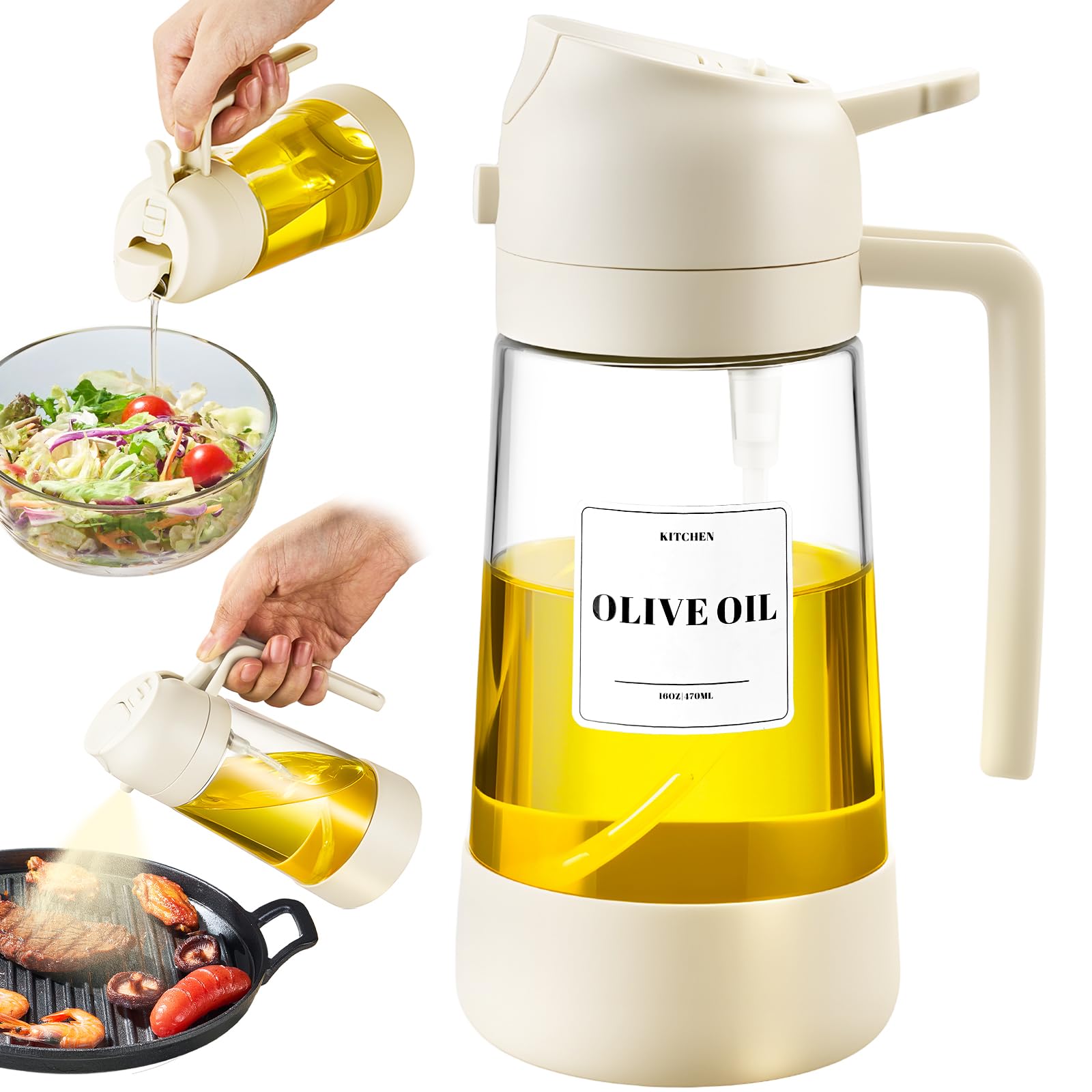 PARACITY Oil Dipenser Bottle with Silicone Bottom, 2 in 1 Olive Oil Sprayer and Dispenser, Oil Spray Bottle 500ML/ 17OZ for Cooking, Kitchen, BBQ, Air Fryer, Salad, Baking(1PC White)