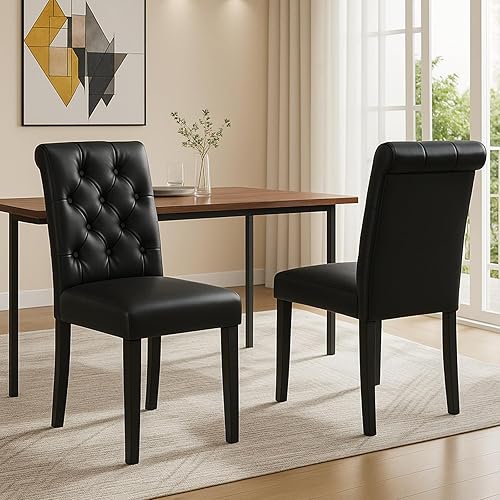 Miniatura 23 de Juego de 4 sillas de comedor de cuero PU, sillas de cocina tapizadas estilo granja, sillas de acento modernas, sillas laterales Parsons de madera