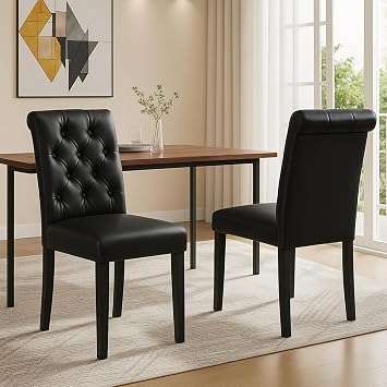 Button Tufted Dining Chairs Set of 2, Upholstered PU Leather Dining Room Chairs Farmhouse Parsons Kitchen Chairs with Wood Legs for Bedroom/Living Room/Resturant, Padded Seat, Black