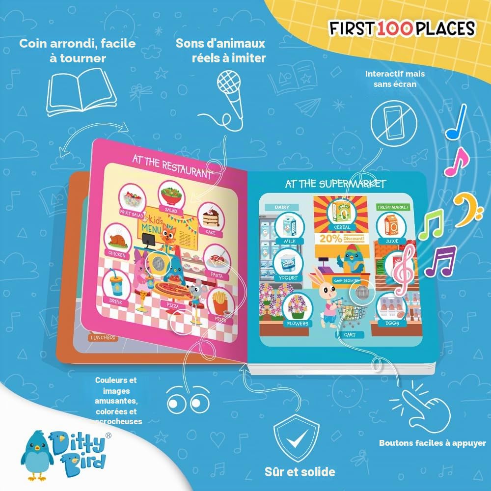 Ditty Bird Livres Parlants 100 Lieux 100 Mots Livres Cartonnés interactifs pour bébés 1-3 Ans
