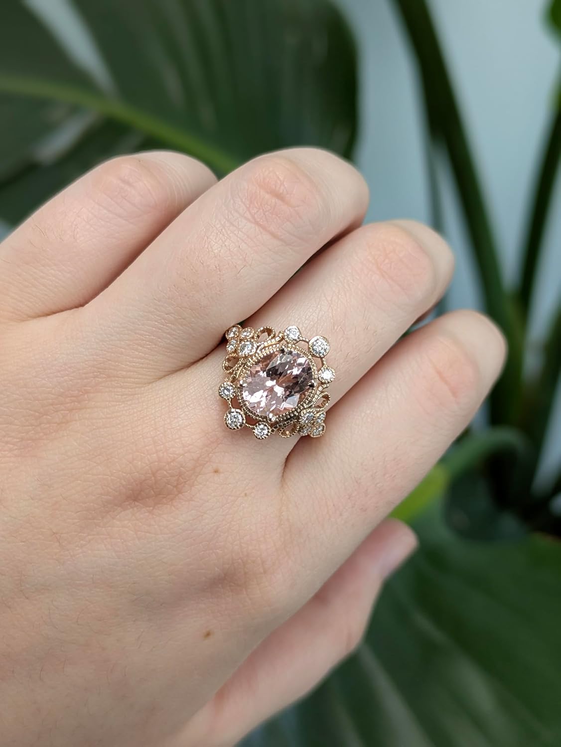 NNJ 2.87cts Natural Gemstone Cor de Rosa Morganite and Diamond Engagement Ring in Solid 14K Rose Gold | October Birthstone | Wedding Anniversary Promise Ring For Women