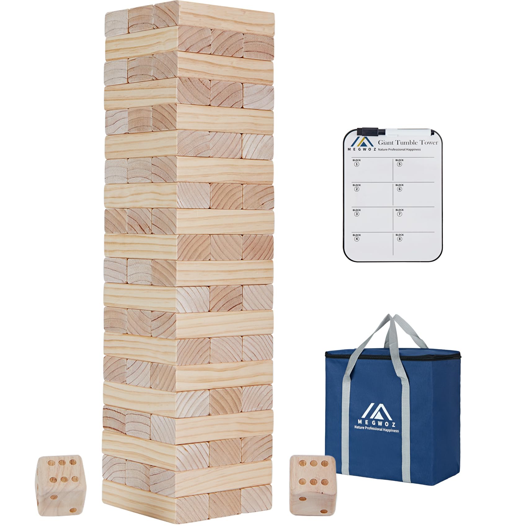 Megwoz Giant Tumble Tower Game - 60 Blocks New Zealand Pine Wooden Stacking Blocks for Kids & Adults, Over 5FT Tall Indoor/Outdoor Family Games, Birthday Party Games Unique Gifts for for All Ages
