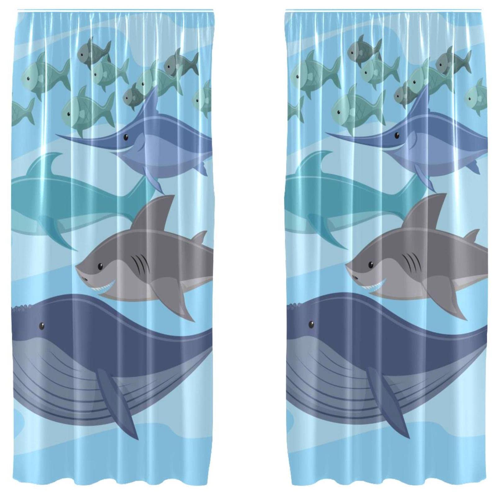 Cortinas de peces azules para salón que transforman la luz del dormitorio con estilo colorido
