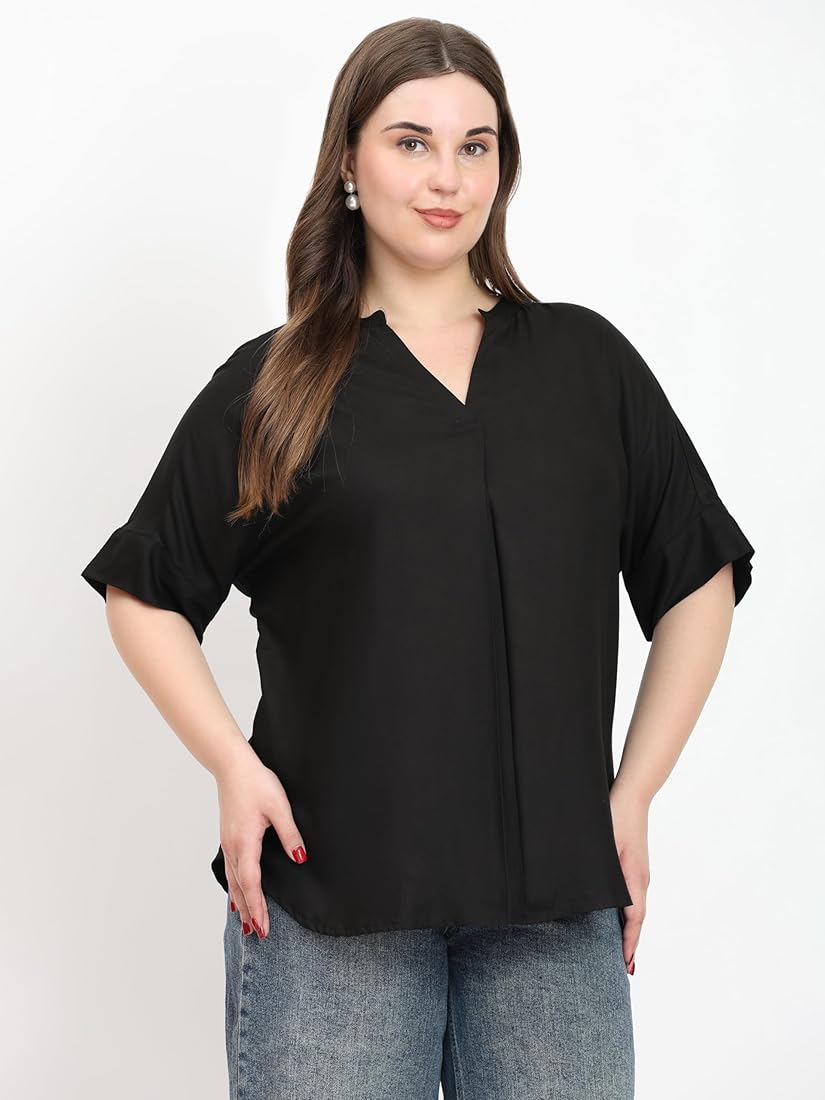 SINDOORI V Neck Collar Loose Fit XL Tops for Women Plus Size Black