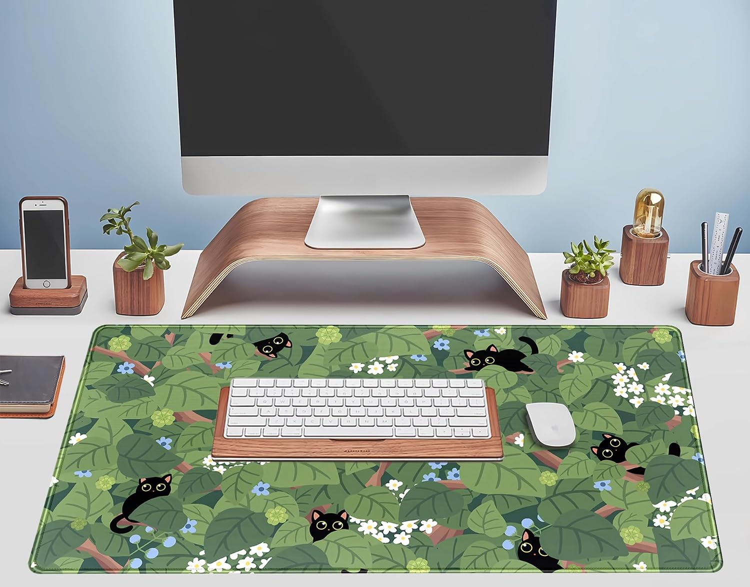 Kawaii Anime Aesthetic Black Cat Forest Plant Desk Mat, Green Sage XXL Large Extended Mouse Pad Gaming Cute Cats Desk pad, Laptop Keyboard and Mouse Mat for Women Desktop Office Decor 31.5x15.7 in image 5