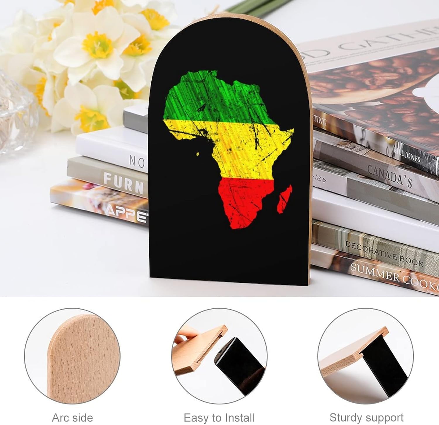 Africa Map Reggae Rasta Book Ends for Shelves Wooden Book Stand Book Holder for Library School Office Home Study Decor