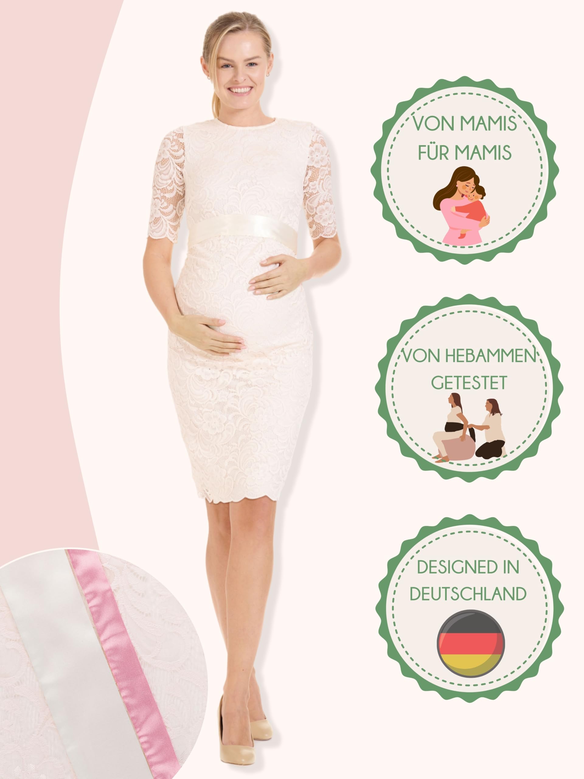 Herzmutter Umstandskleid festlich - Schwangerschaftskleid mit Spitze - Elegant - Hochzeit - besondere Anlässe - Kurzarm - 6200
