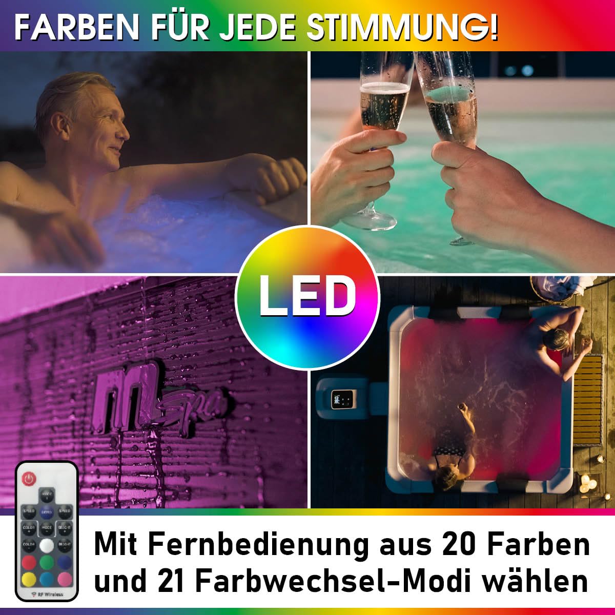 BRAST Whirlpool MSpa Frame - Oslo Sapphire & Amber mit Fester Außenwand | 160x160x65cm - 180x180x65cm | 5 Modelle | LED-Beleuchtung | 6 Personen | Ganzjähriger Einsatz Winterfest | Oslo Aero Plus
