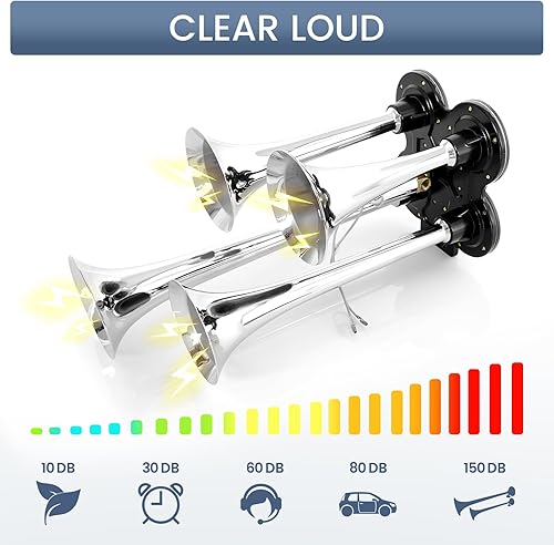 Miniatura 4 de HIGHSOAR 12V24V Bocina de aire para camiones 150DB Juego de 4 bocinas de trompeta con compresor universal para automóvil, tren, barco