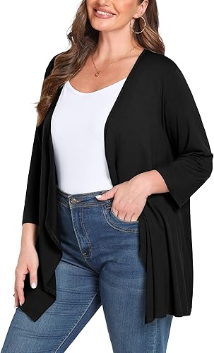 Miniatura 2 de TIANZHU Cárdigan ligero para mujer, manga 34, casual, frente abierto, ligero, suéter drapeado