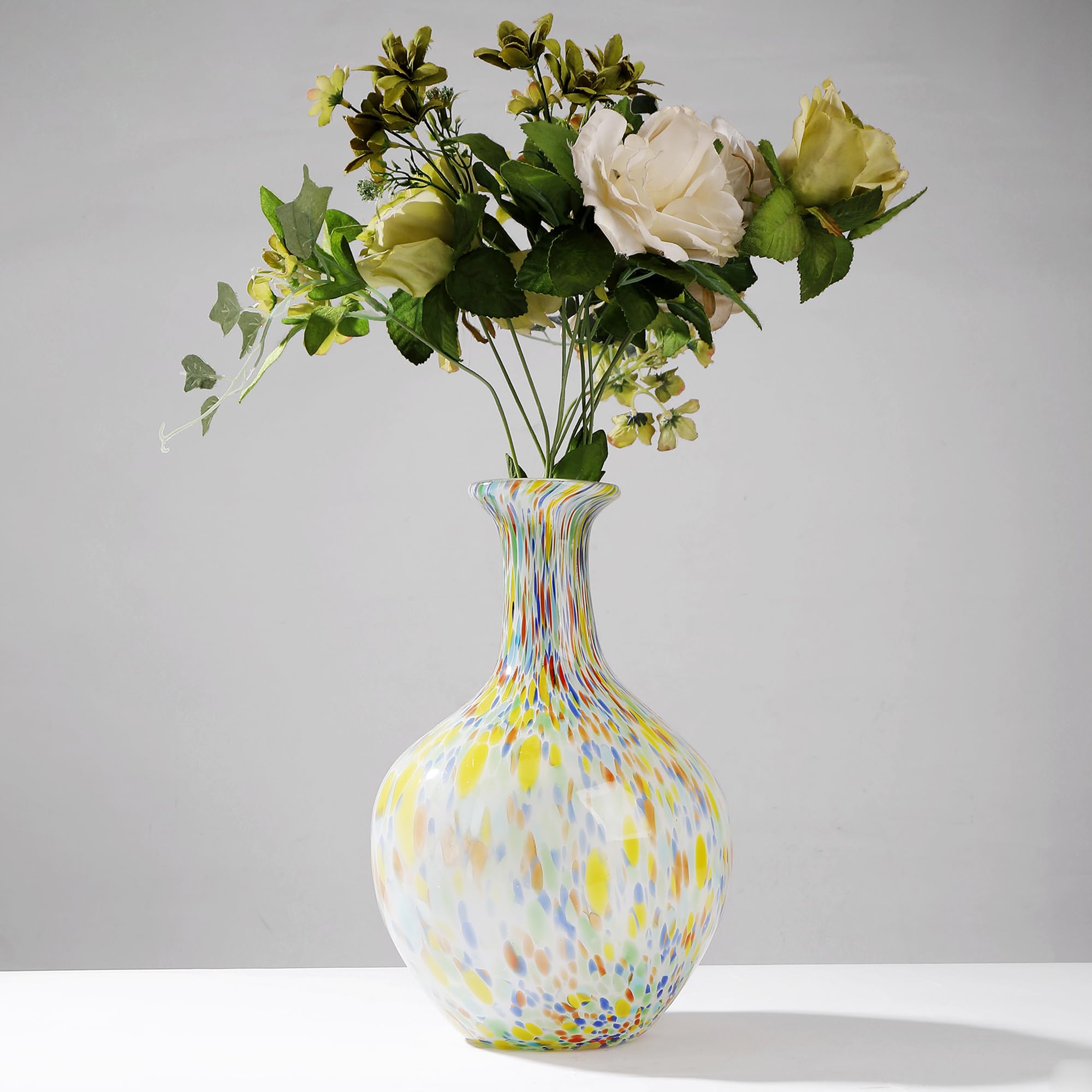 Jarrón de cristal de Murano redondo soplado a mano, 12.5 pulgadas de alto, jarrón de vidrio de boca ancha para mantel, centro de mesa, entrada, sala de estar, decoración de boda, decoración de cristal