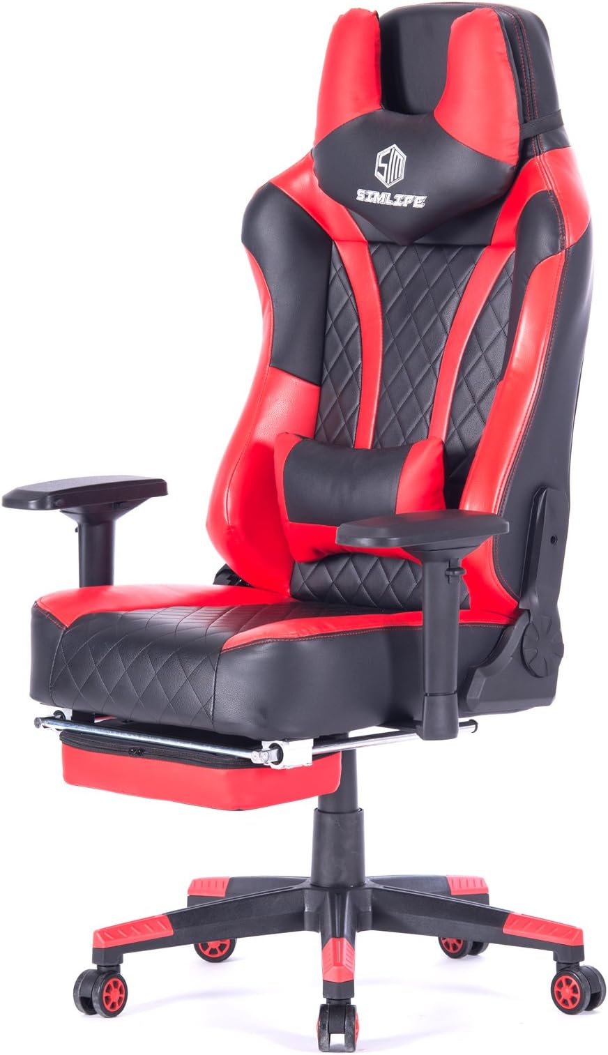 SimLife Lumbar and Headrest Support Red/Black Ergonomic Gaming Computer High Back Leather Swivel Gamer Racing Executive PC Office Desk Chair with Footrest, Big