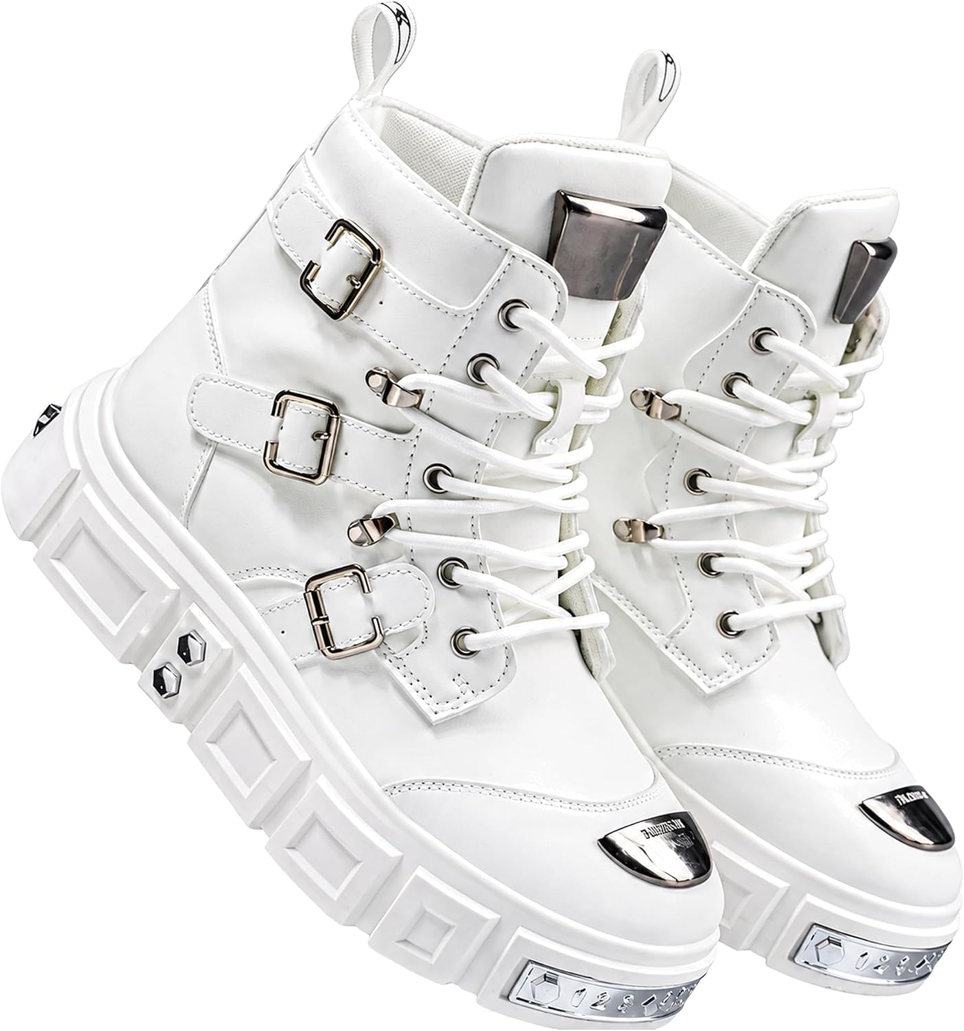 Men's Goth Combat Punk Fashion Boots Chunky Buckle Strap Ankle Boots Rivet Embellished Platform Lace-Up Side Zipper Design