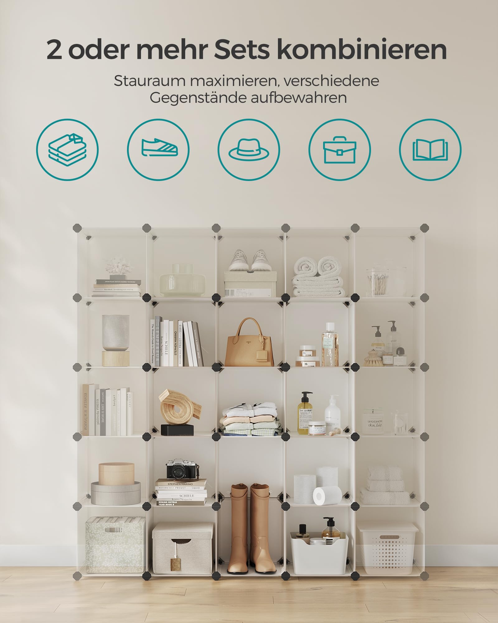 SONGMICS Schuhregal, Regalsystem, Steckregal, Set aus 16 Würfeln, DIY Regal, stapelbar, aus PP-Kunststoff, als Garderobe, für Schlafzimmer, Büro, 31 x 123 x 123 cm, cremeweiß LPC442M01