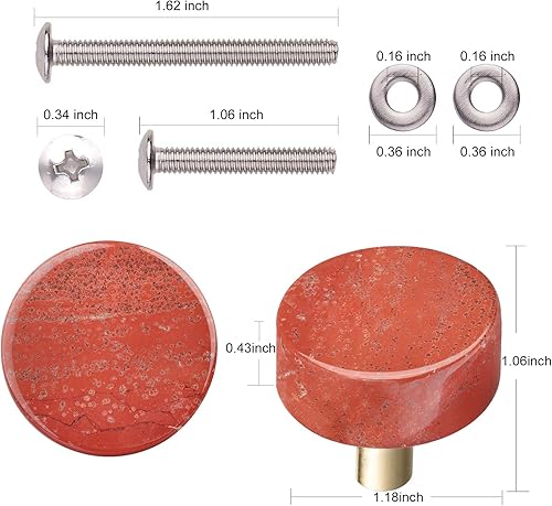 Miniatura 4 de Rockcloud Paquete de 2 pomos para cajones de piedra de jaspe rojo de cristal natural, tirador de puerta de armario con tornillos, accesorios