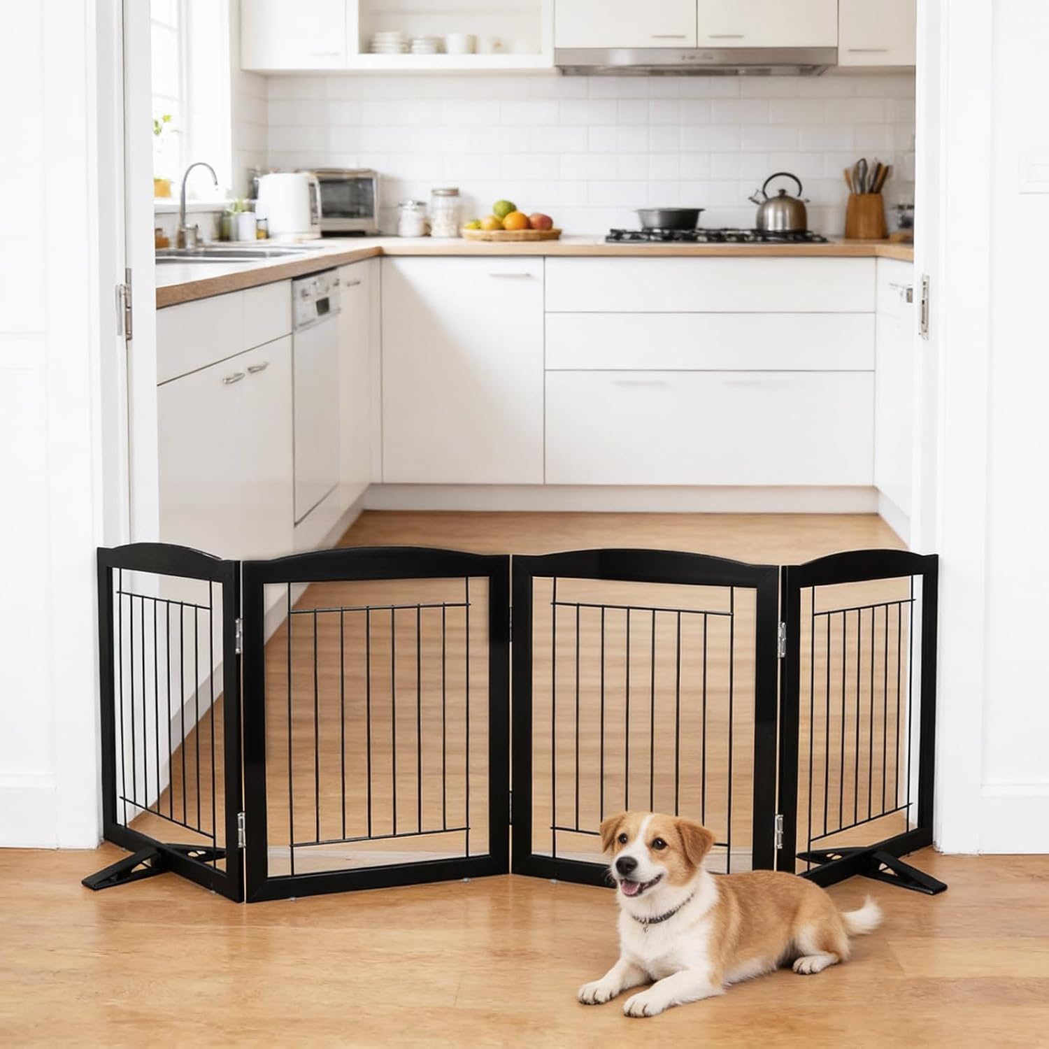 Dog Fence Indoor,Dog Gate Indoor for Doorway pet gate -4-Panel Freestanding, Hallways, House or Stairs -80x24-Inch Retractable Foldable Expandable Wood Pet by SFJC (Black)