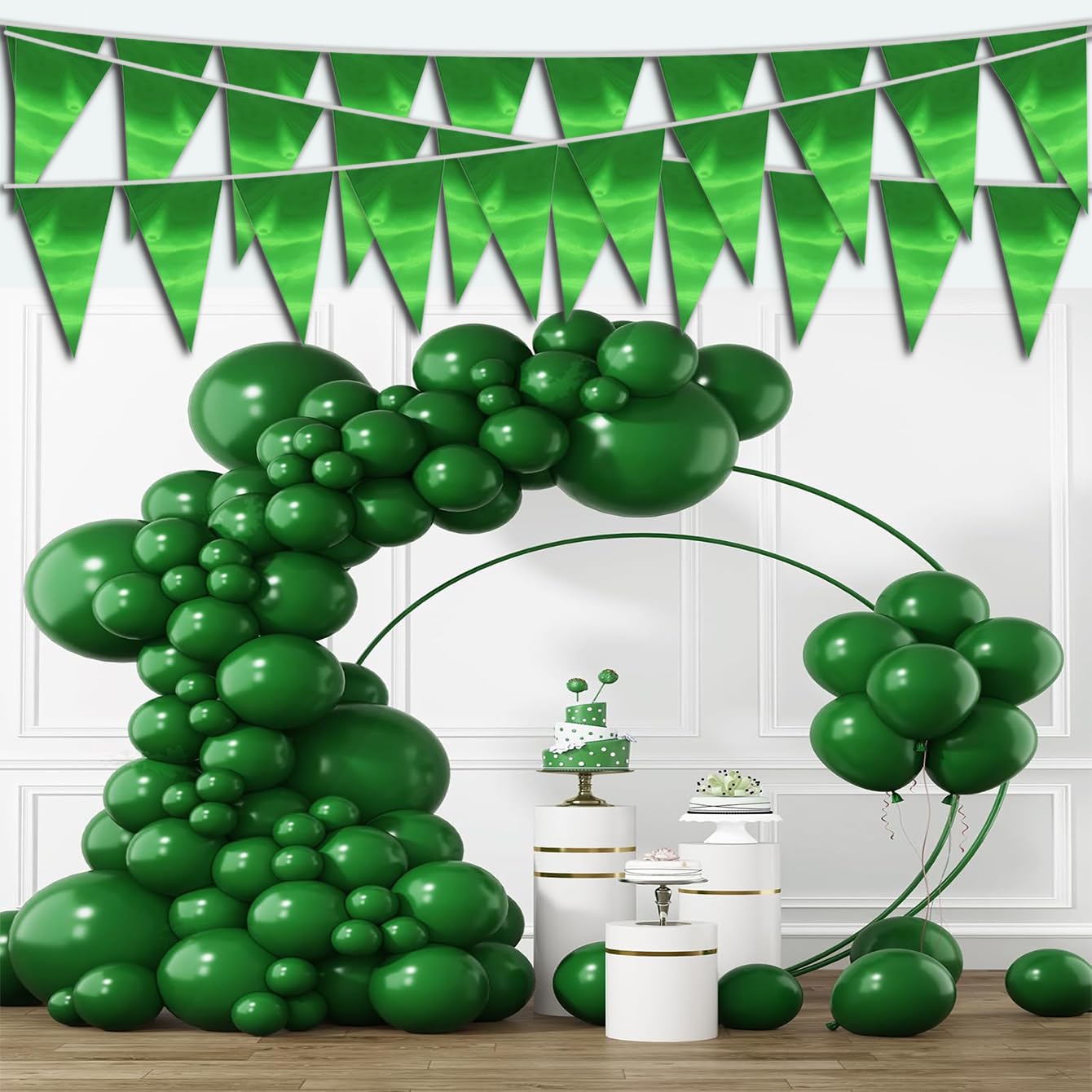 Banderín triangular verde de 20 m con banderines de tela metálica para Navidad, graduación, safari, cumpleaños, selvas tropicales, boda, despedida de soltera, compromiso, fiesta, suministros de