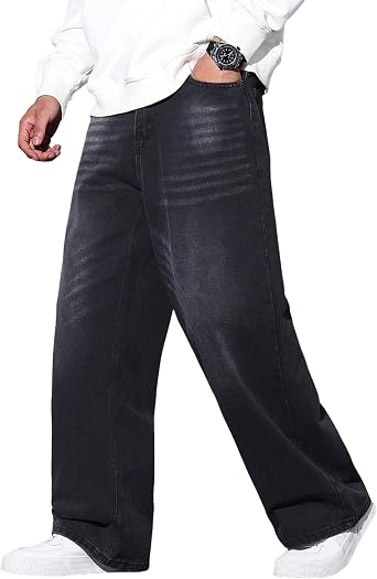 Mens Baggy Hip Hop Jeans Wide Leg Skater Denim Pants Casual Loose Fit Streetwear