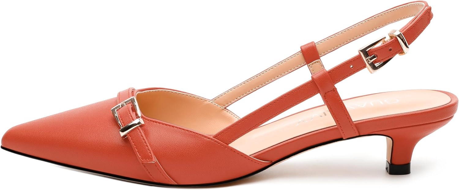 Women's Slingback Pumps, Pointed Toe Kitten Heel Pumps, Fashion Buckle Solid Matte Pump for Daily Office Dating Party