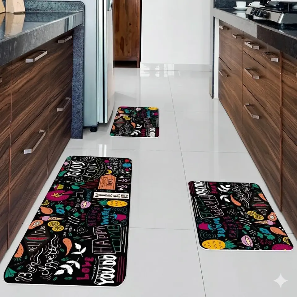 Kit Tapete de Cozinha 3 Peças com Passadeira e Tapetes Antiderrapantes Poliéster (Preto e Colorido)