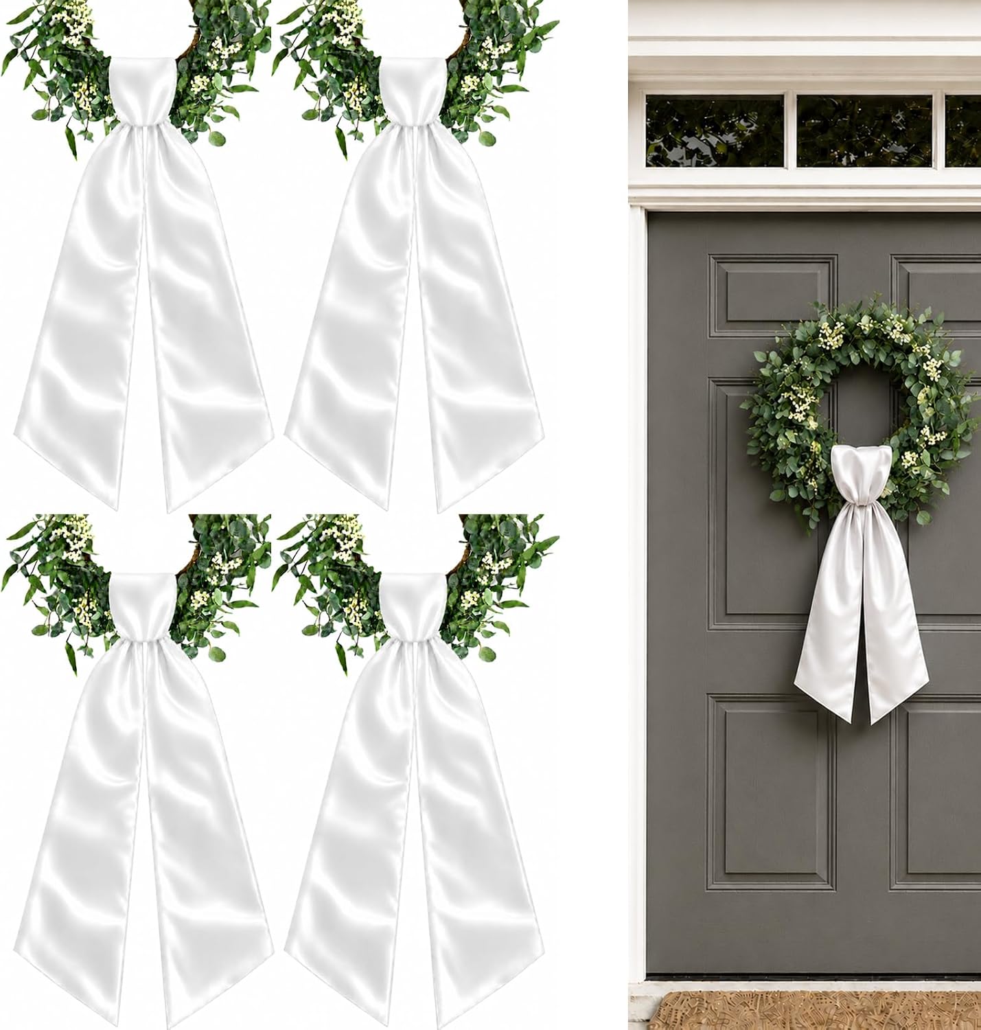 4 Pack White Wreath Sash for Front Door, 5 x 56 Inch Blank Sashes for Monogram Embroidery, Boxwood Wreaths, Garland, Weddings, Bridal and Baby Showers, Christmas and Seasonal Porch Decor