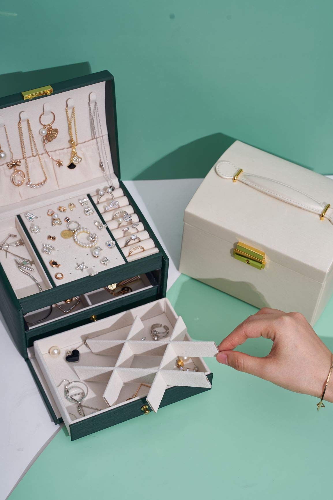 Boîte à Bijoux, Rangement Bijoux Verrouillable, Coffret Bijoux Femme avec 2 Tiroirs et 3 Couches, Rangement pour Montre, Collier, Bague, Bracelet, Idée Cadeau (Rose Grande Taille)